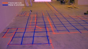 GPR technology to scan concrete floors that are easily displayed by marking out locations of rebar prior to saw cutting or coring
