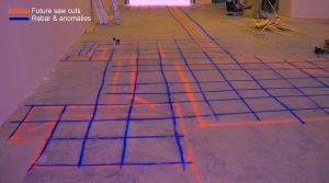 GPR technology to scan concrete floors that are easily displayed by marking out locations of rebar prior to saw cutting or coring