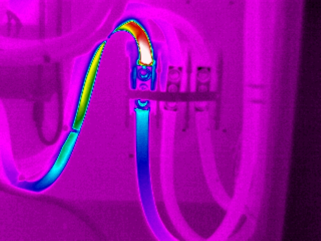 This is a typical conduction pattern, showing a thermal tapering along the coated electrical cable from the electrical connection. The connection, likely the source of the fault, does not appear to be as hot because of the emissivity differences between materials. Phase A is under a load of 67.8A, compared to 70.8A and 70.4A for B and C respectively. There is a 30° C temperature rise between phases. This is definitely a critical fault that requires immediate attention.